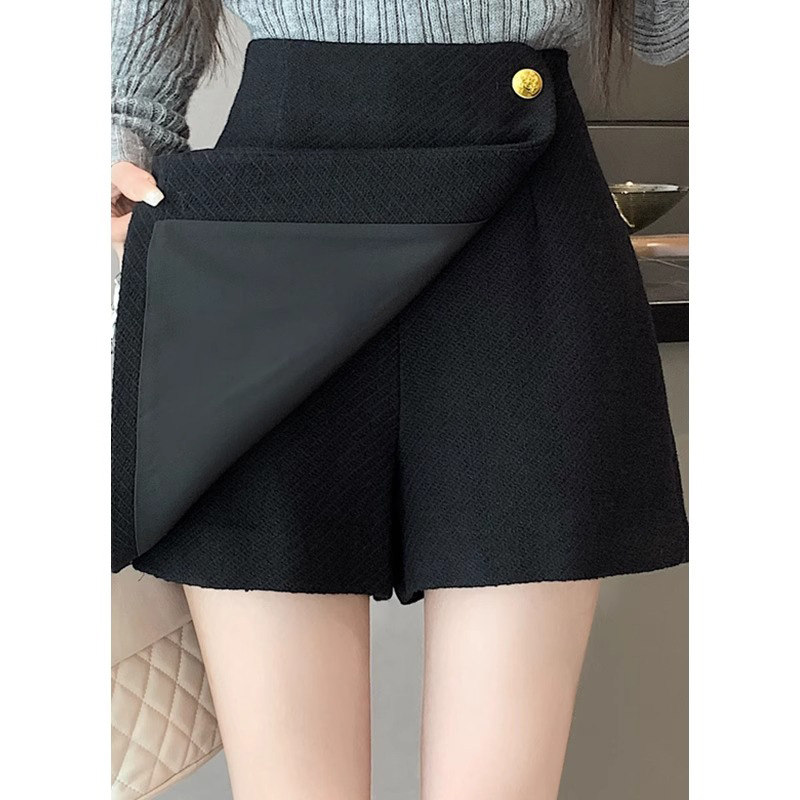 小香风黑色毛呢半身裙女短裙秋冬季2025新款高腰a字小个子裤裙女