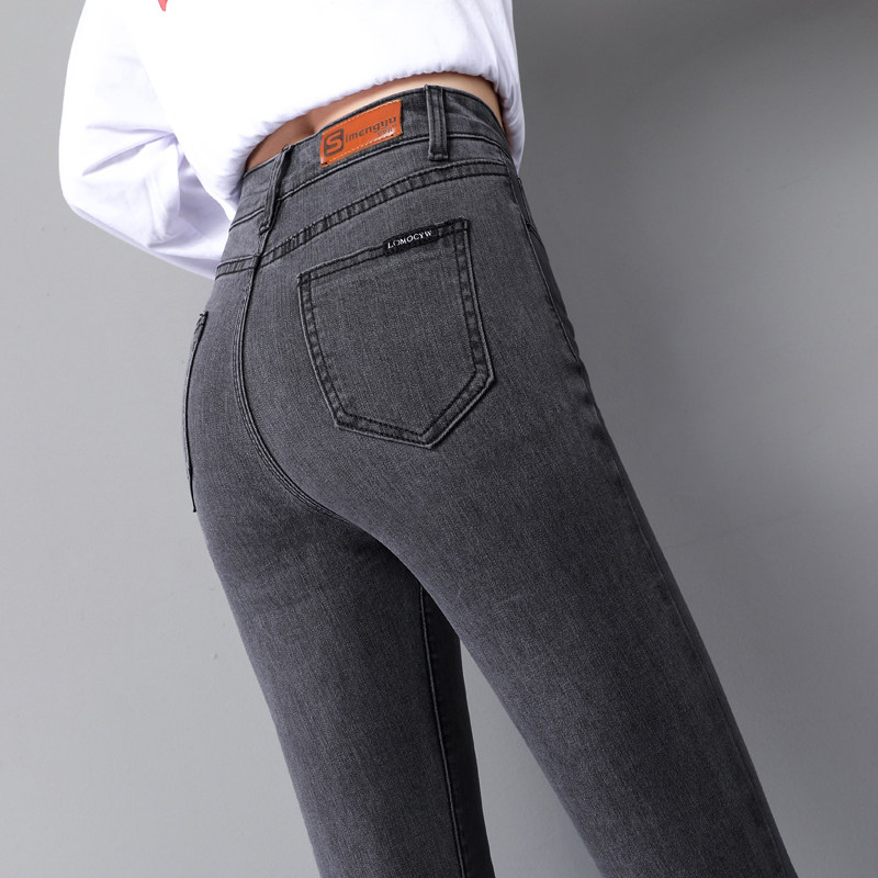 烟灰色加绒牛仔裤女高腰显瘦秋冬弹力紧身窄管裤九分铅笔修身长裤