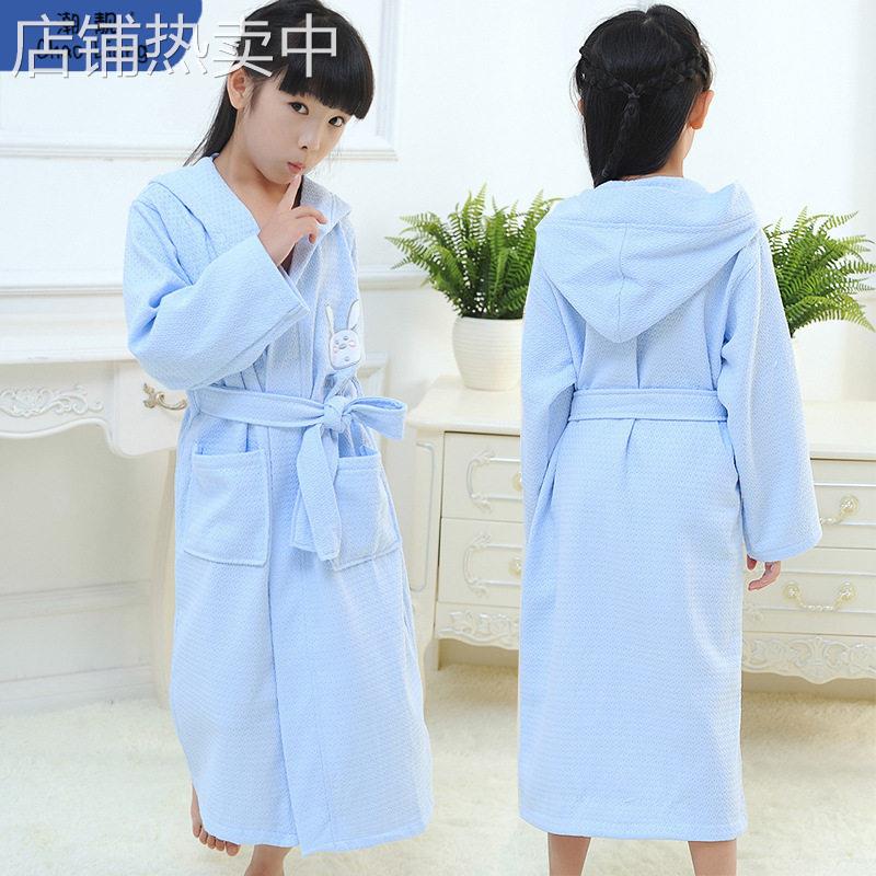 儿童浴袍纯棉华夫格女孩带帽睡袍春秋夏季薄款游泳温泉包邮
