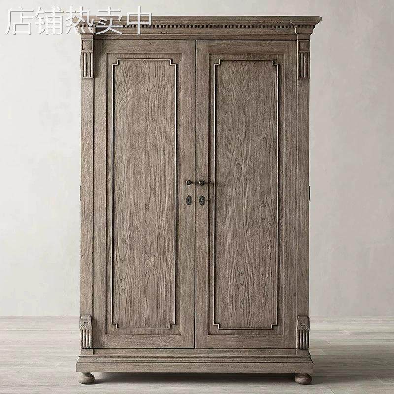 美式乡村实木衣柜复古做旧别墅豪宅橡木储物柜两门衣橱卧室定制