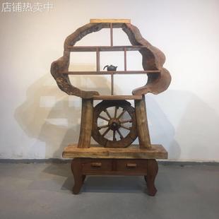 原生态家具香樟木博古架客厅实木格子架创意古旧木车轮古董展示架