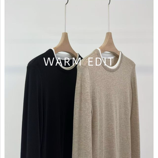 「Layer Trick」羊毛打底撞色假两件天丝针织衫