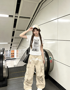 正肩修身 美式 复古波点小猫印花短袖 t恤女夏季 上衣 显瘦y2k辣妹短款