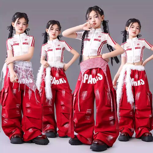 女童红色元旦爵士舞演出服儿童街舞潮服女孩jazz套装少儿走秀上衣