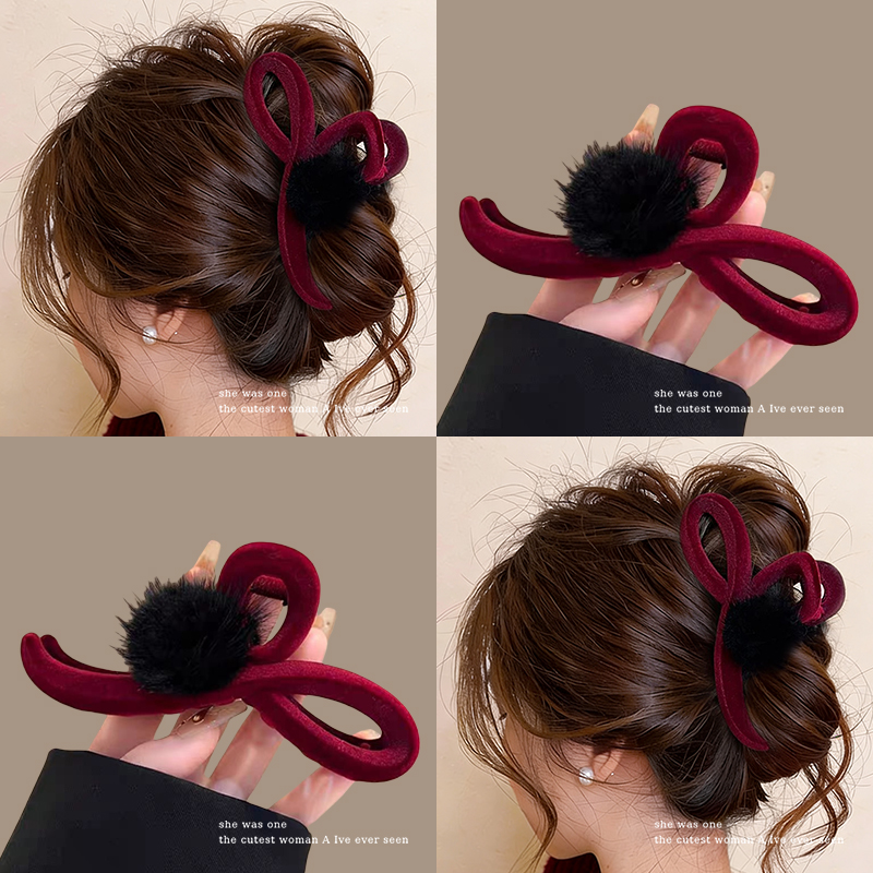 新年红色丝绒抓夹毛球发夹头饰女