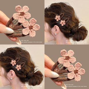 针织毛线粉色花朵发夹头饰女秋冬刘海侧边夹前额毛绒碎发bb夹发卡