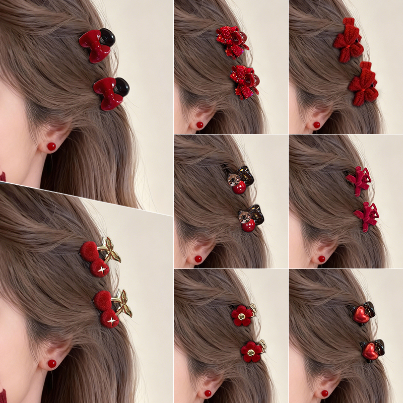 刘海侧边夹新年红色发夹女前额