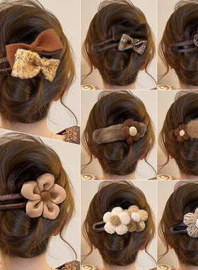 发量多盘发抓夹饱满后脑勺鸭嘴夹大号毛绒花朵发夹女2025新款高端