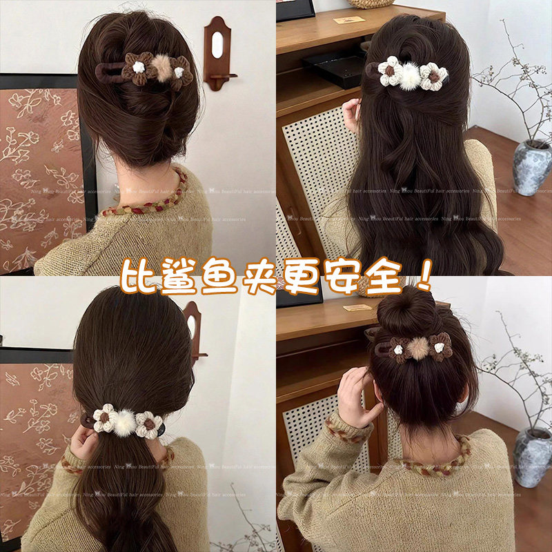 针织花朵毛线发夹后脑勺无痕鸭嘴夹子头饰一字抓夹毛球发卡女秋冬