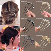 u型盘发发簪日常通勤丸子头神器四齿插梳发钗簪子珍珠发夹头饰女