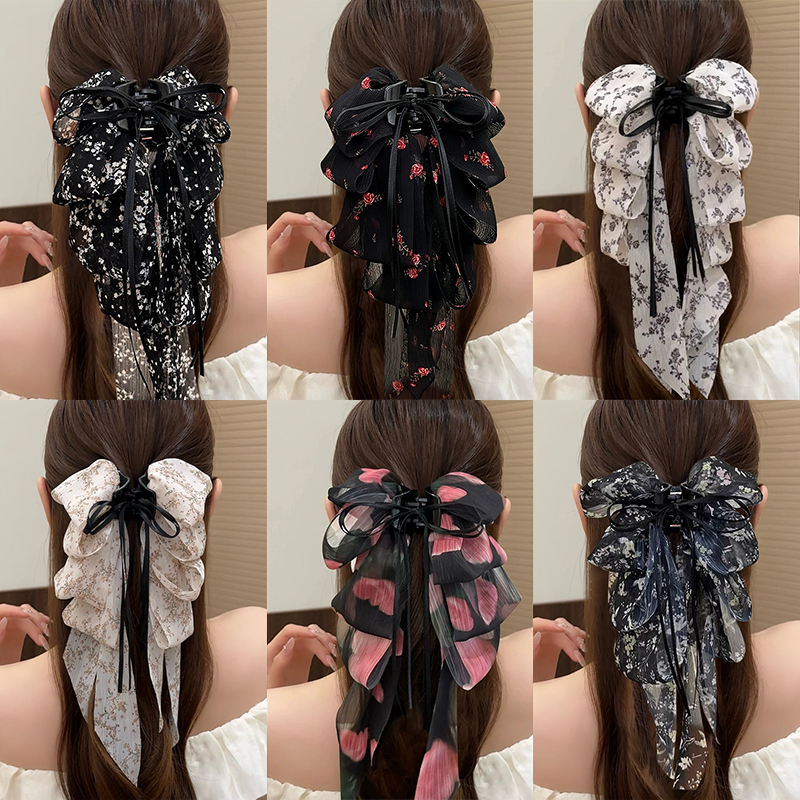 蝴蝶结碎花飘带抓夹女2025新款