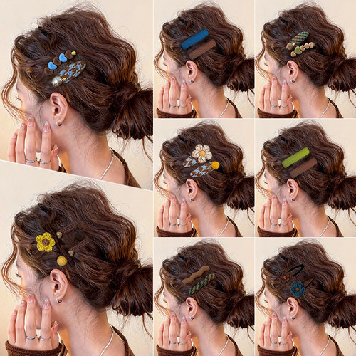 韩系毛呢格纹爱心花朵发夹女发卡