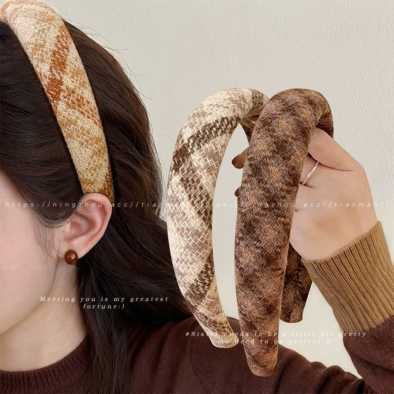 美拉德咖色格纹宽边发箍女发饰