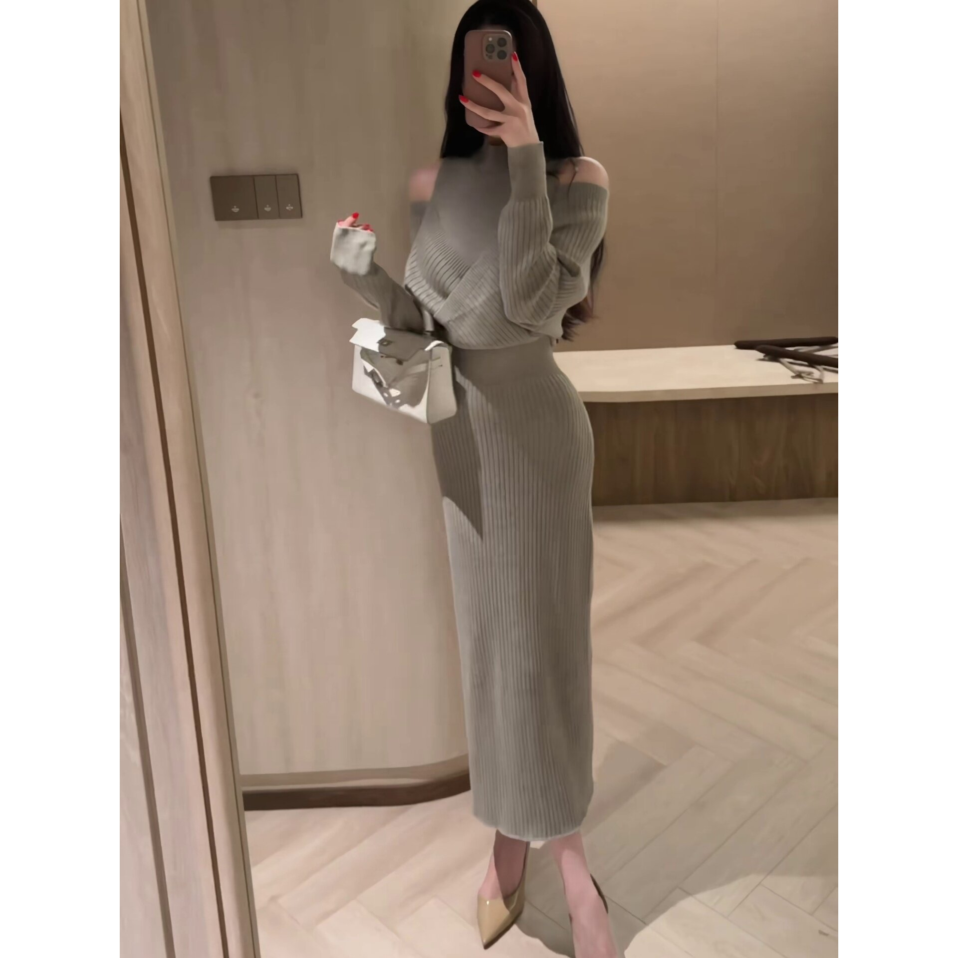 长袖修身假两件显瘦女秋冬针织裙