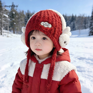 儿童帽子秋冬季护耳红色保暖加厚羊羔毛男童女宝宝兔子防风新款帽