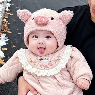 婴幼儿帽子冬季卡通小猪羊羔毛秋冬季保暖护耳帽男女宝宝防风帽子
