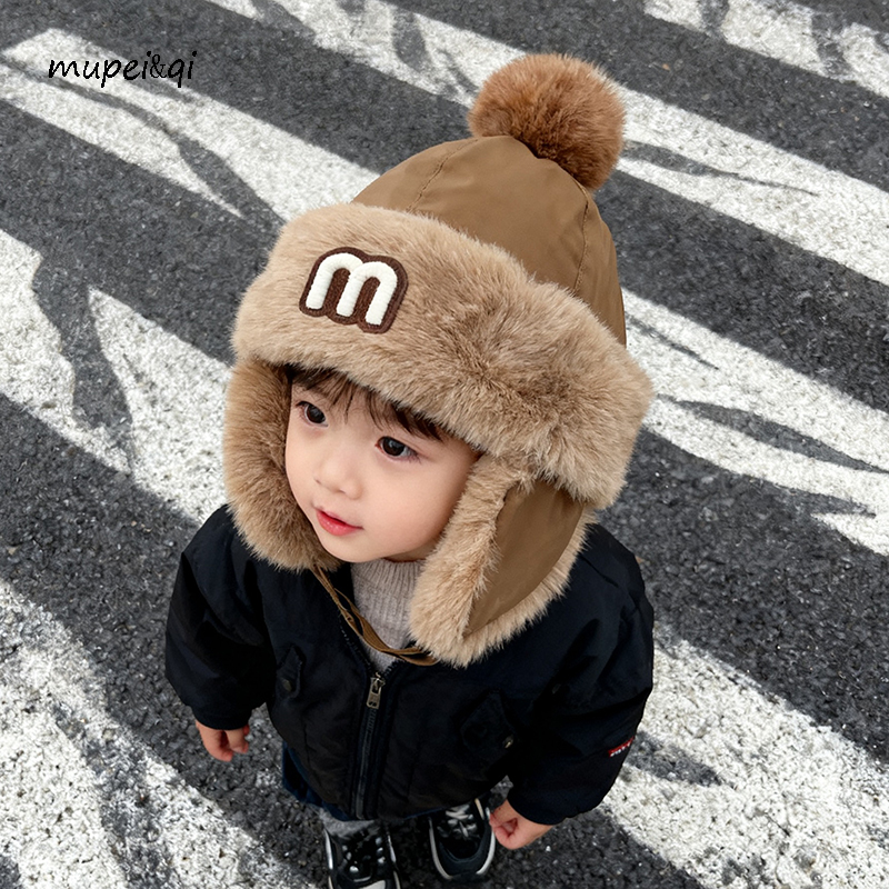 儿童帽子冬季毛绒雷锋帽男女童加厚保暖护耳字母防风帽宝宝套头帽