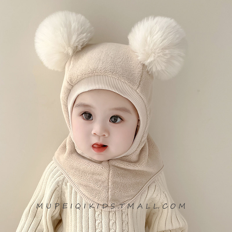 2025新款婴儿冬季帽子围毛巾一体大球男女童宝宝毛绒护耳套头可爱