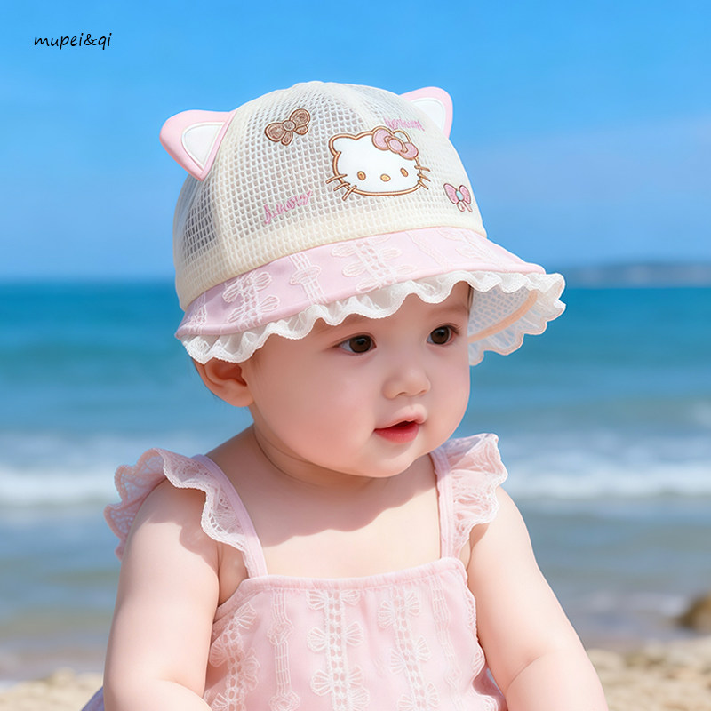 宝宝遮阳帽夏季女婴幼儿网帽韩版可爱猫咪大檐防晒公主帽透气薄款