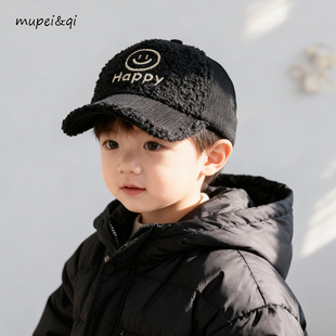 儿童羊羔毛棒球帽秋冬笑脸刺绣鸭舌帽男女童宝宝冬季百搭保暖帽子
