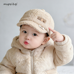 宝宝羊羔毛棒球帽男女童秋冬保暖鸭舌帽韩版潮皮标儿童加厚新款潮