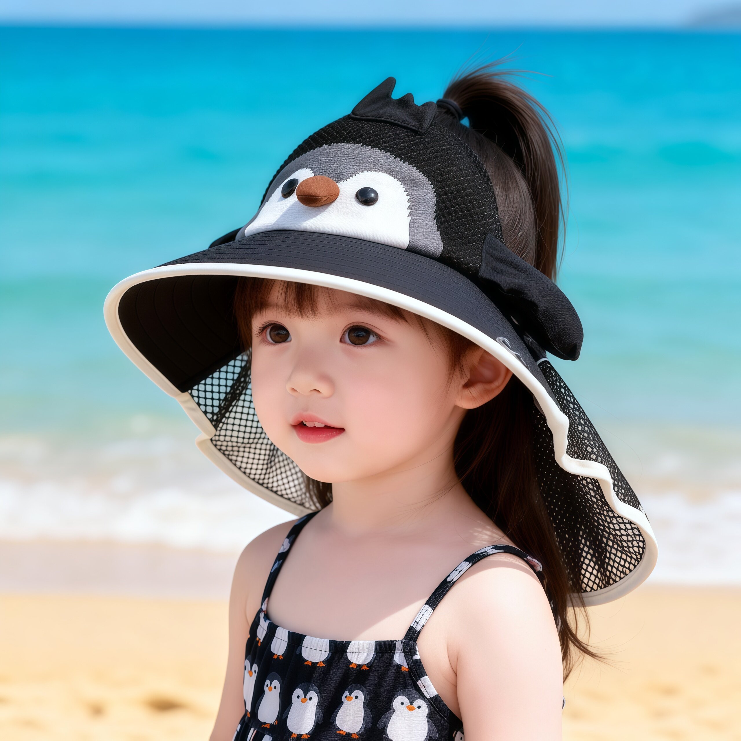 儿童防晒帽夏季空顶披肩企鹅卡通大檐遮阳帽男女童宝宝沙滩太阳帽