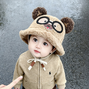 宝宝帽子秋冬季可调渔夫帽男童女童可爱眼镜儿童鸭舌大檐保暖帽子