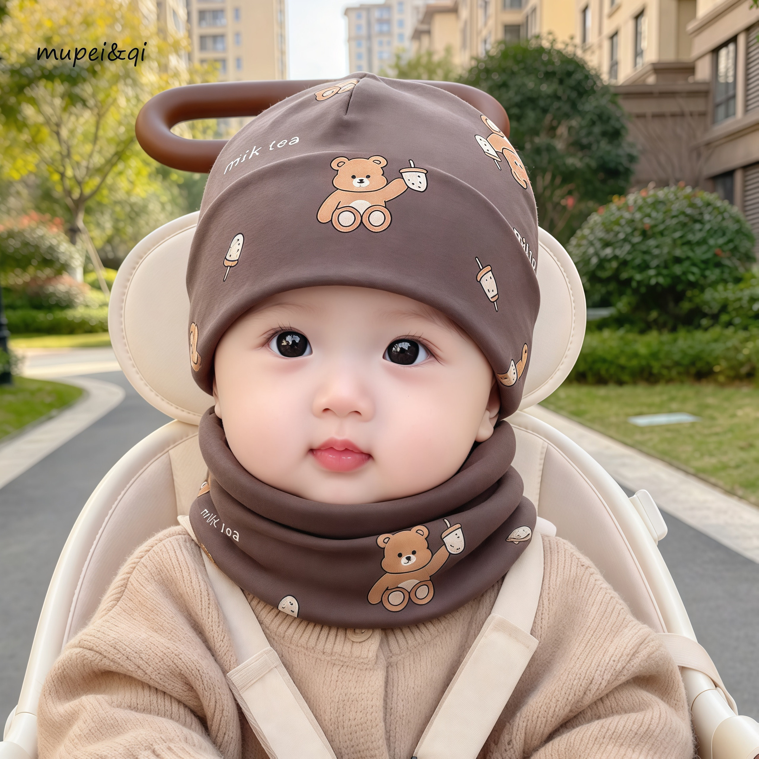 婴儿帽子围脖两件春秋冬季宝宝双层纯棉男童女童宝宝可爱套装保暖