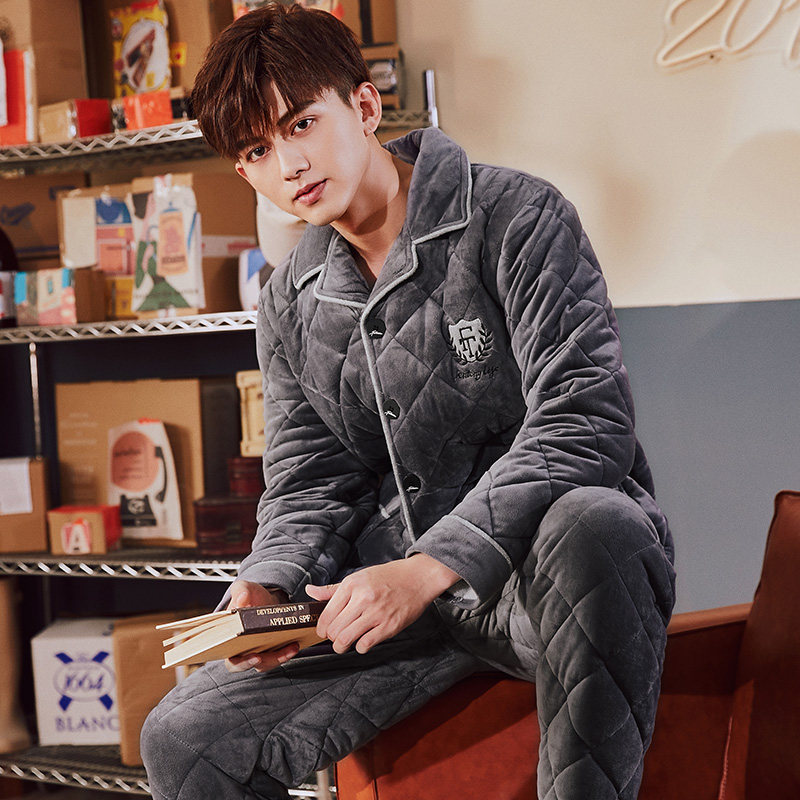 芬腾睡衣男秋冬季款三层加厚加绒保暖珊瑚绒夹棉袄男款居家服套装