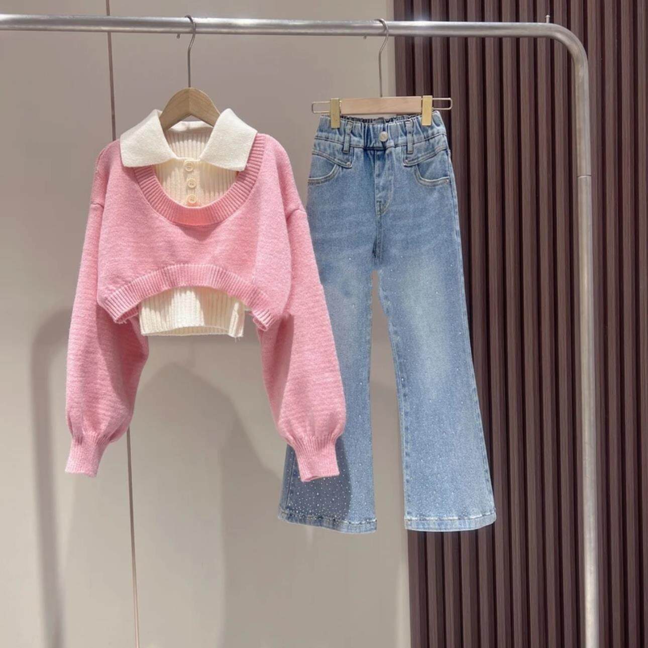 2024秋季新款女童甜美韩系学院风Polo毛衣烫钻牛仔喇叭裤三件套潮