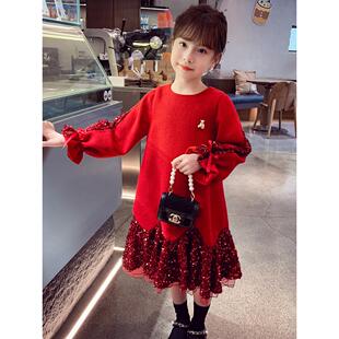 2025新款儿童亮片公主裙小女孩红色新年问候裙