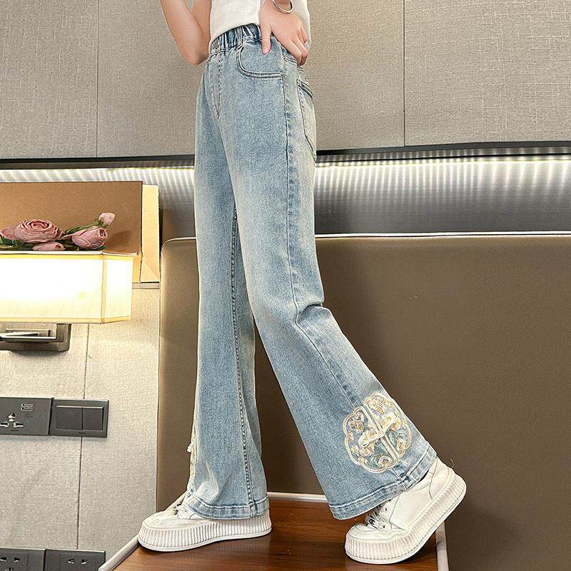 女童国风牛仔裤春夏款2025新款大童洋气时髦裤子儿童新中式喇叭裤