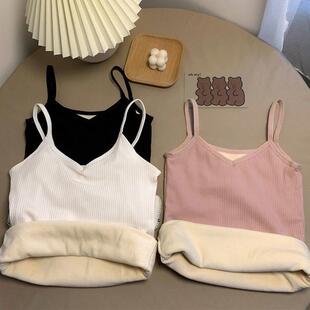 女童加绒背心内穿秋冬白色中大童加厚保暖黑色吊带衫打底上衣外穿