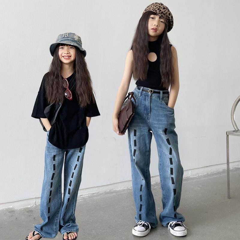 儿童日系水洗印花直筒宽裤2025春款裤子男女童休闲 高腰牛仔长裤