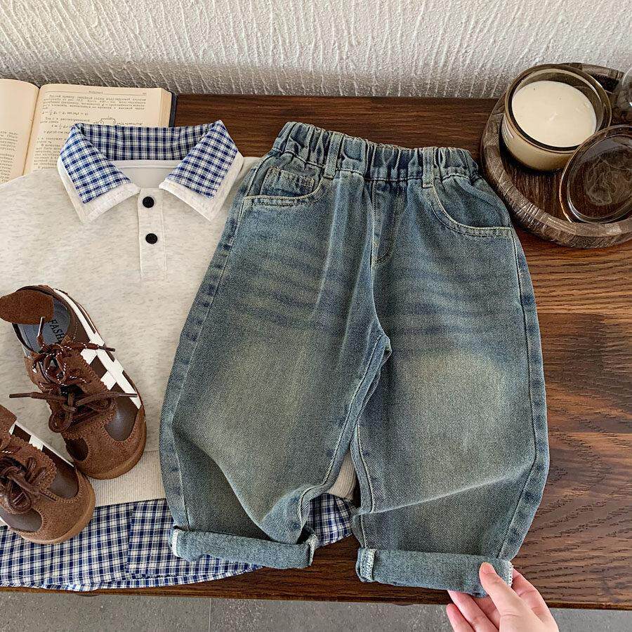 儿童覆古牛仔裤男童春秋新款小童直筒长裤子宝宝纯色休闲裤女洋气
