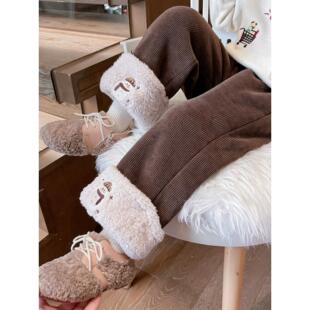 女童直筒裤雪人2025新款宝宝秋冬款洋气加绒加厚外穿儿童冬季裤子