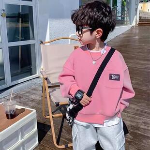 韩系男童帅气卫衣粉色假两件上衣春秋季儿童休闲宽松口袋套头衫潮