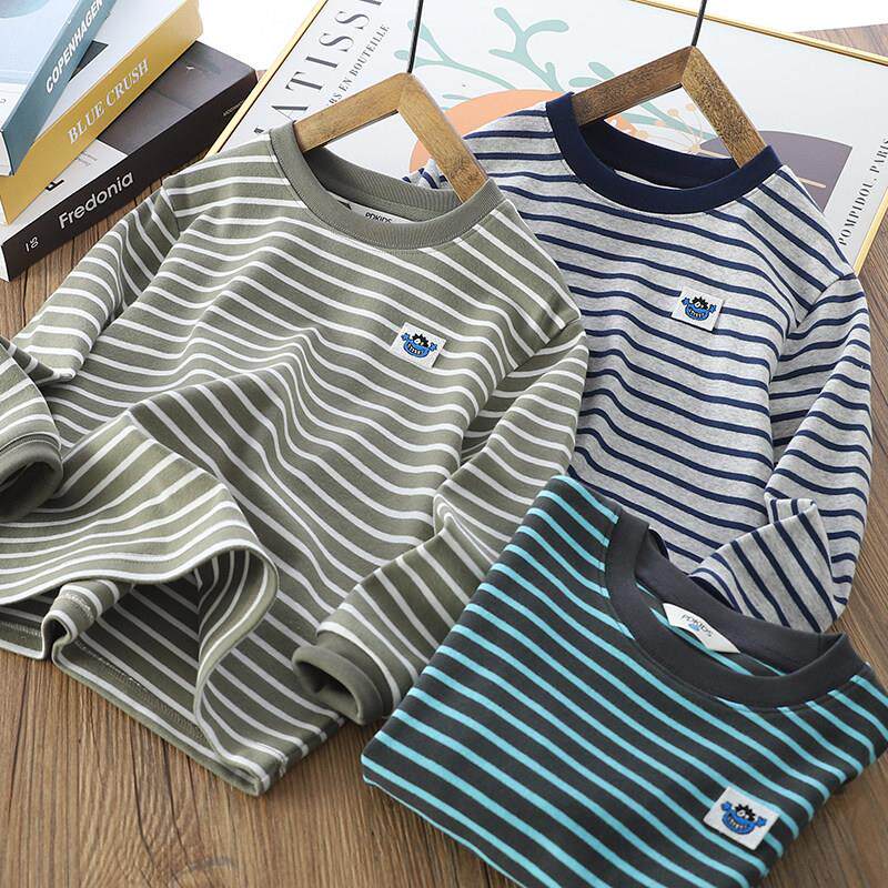 男童秋冬加厚条纹纯棉长袖T恤2025新款儿童保暖上衣中大童打底衫