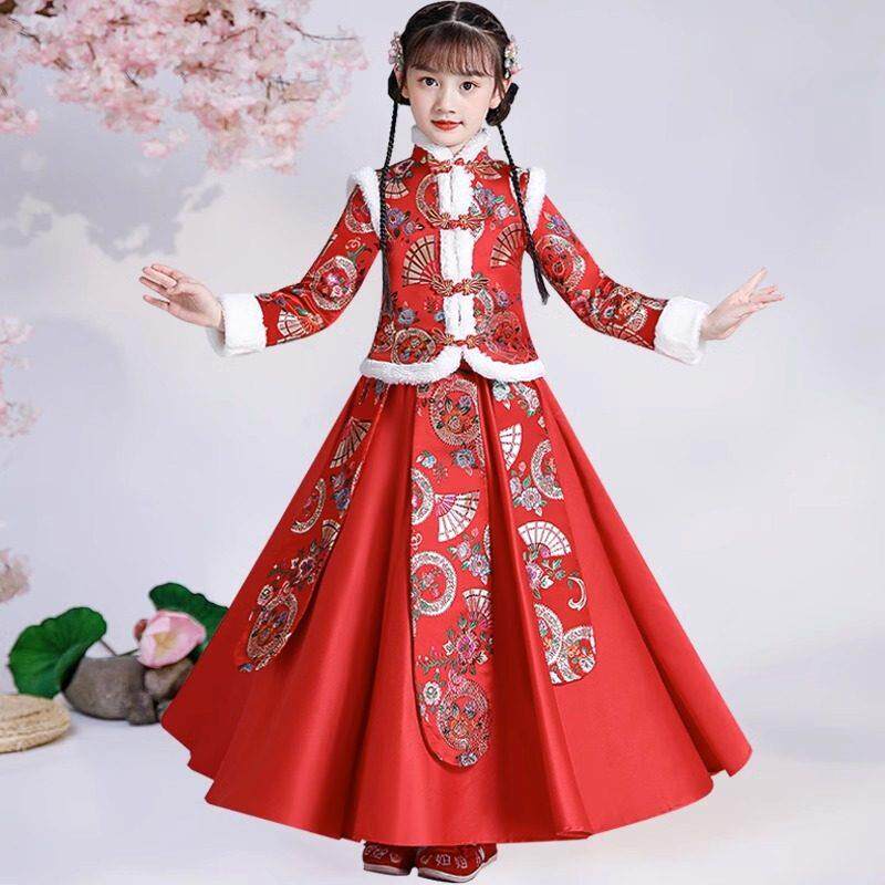 女童拜年服冬季2025新款加厚汉服中国风加绒唐装红色新年衣服套装