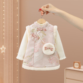 女童旗袍连衣裙冬装 拜年时髦洋气汉服儿童宝宝公主过新年周岁礼服