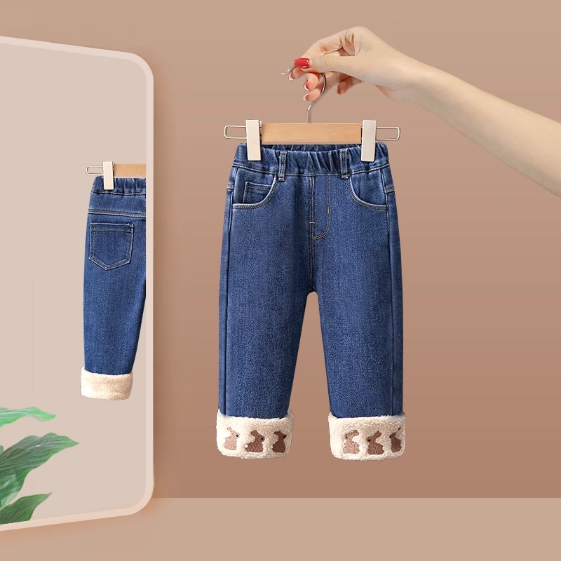 加绒牛仔裤女童2025新款洋气时髦加厚小童冬季超好看深蓝色长裤子