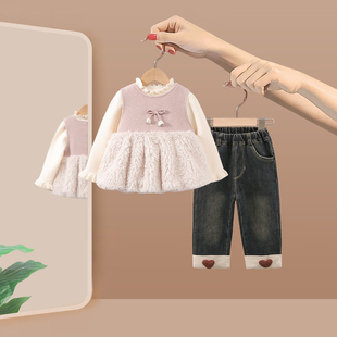 女童套装秋冬季2025新款洋气宝宝冬装加厚加绒儿童裤子裙子三件套