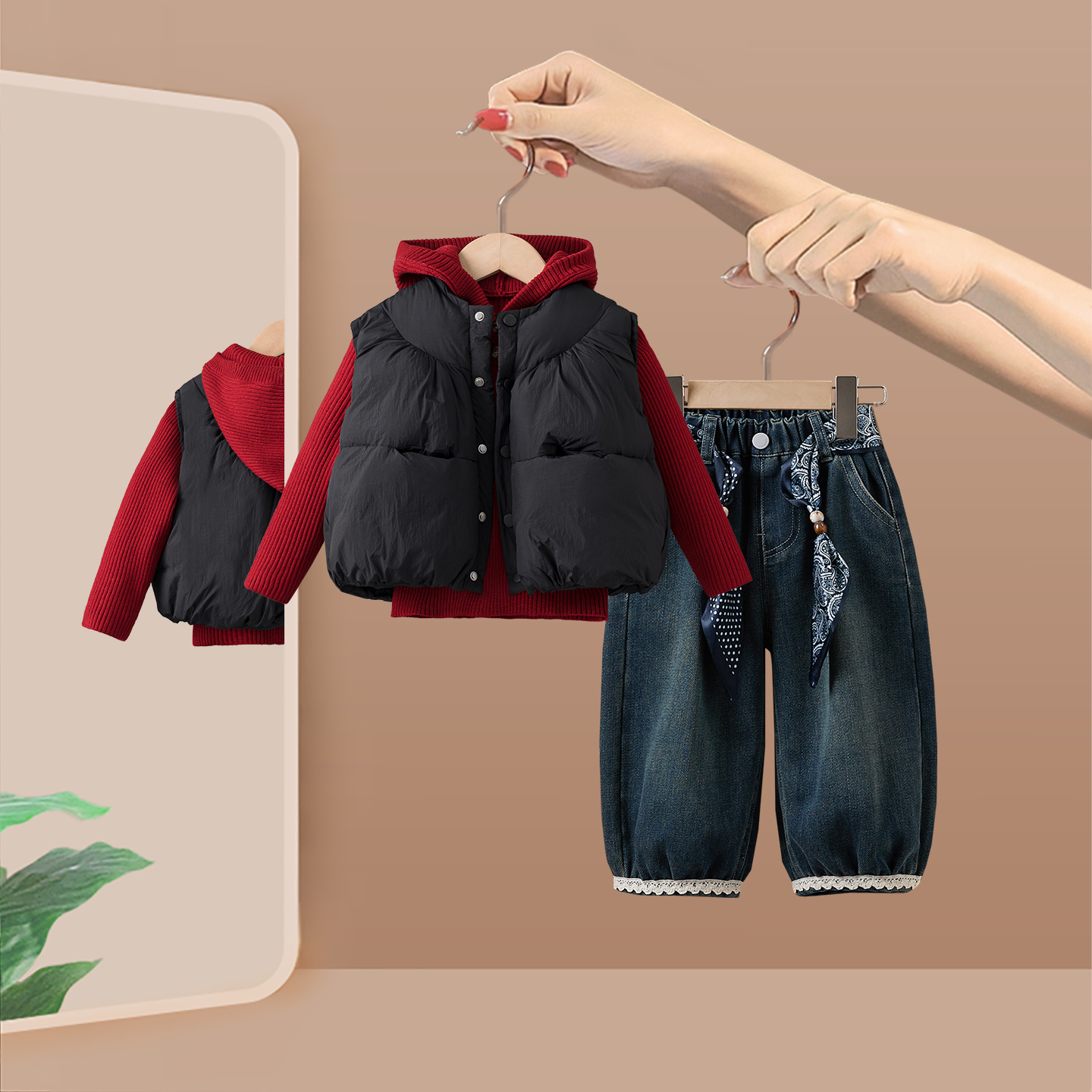 女童马甲套装2025新款宝宝女孩洋气时髦卫衣秋冬季加厚一体绒衣服