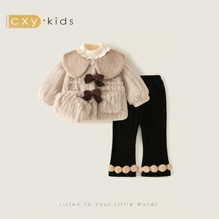 女童套装2025新款超好看三件套女宝宝加绒加厚毛衣小公主洋气冬装