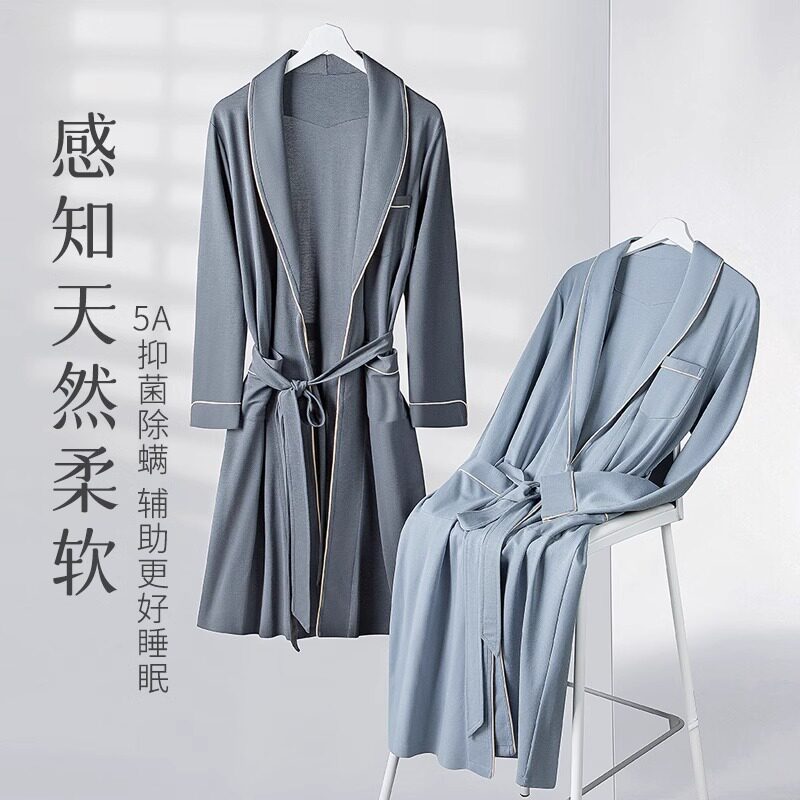 TENCEL COTTON NIGHTGOWN MENS ICE SILK SUMMER THIN BATHROBE LONG SPRING AND AUTUMN LOOSE LARGE SIZE BATHROBE LOUNGEWEAR PAJAMAS