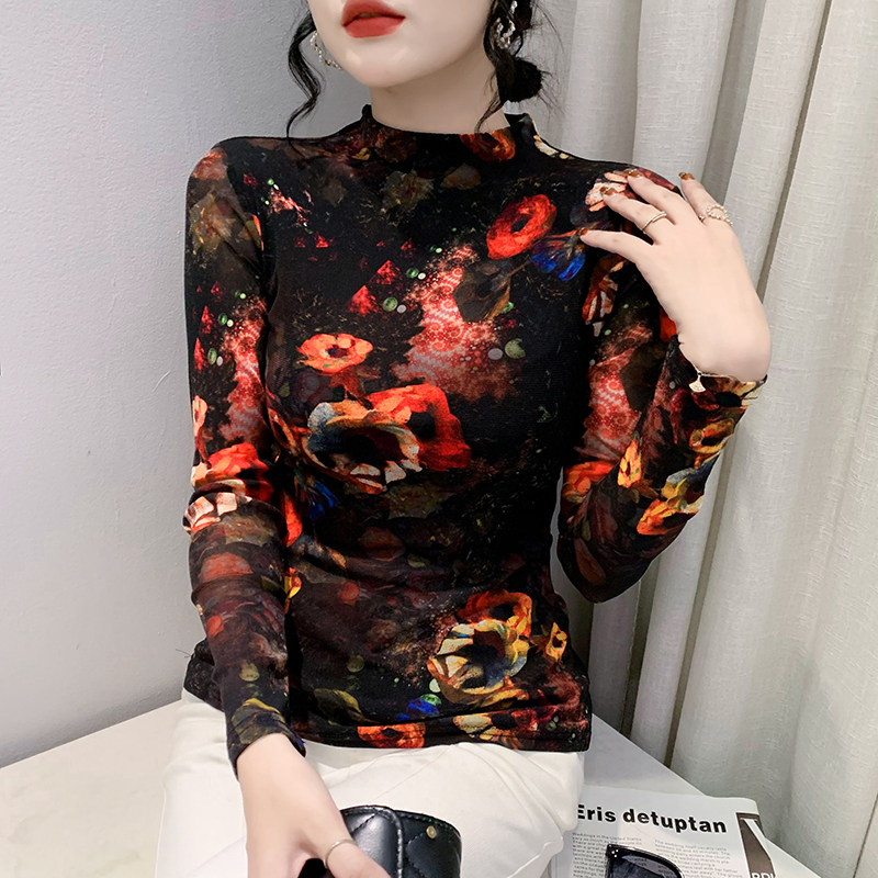유럽 ??역 2024 가을 겨울 새로운 패션 인쇄 메쉬 긴팔 티셔츠 탑 슬림 하프 거북이 칼라 바닥 셔츠 유행