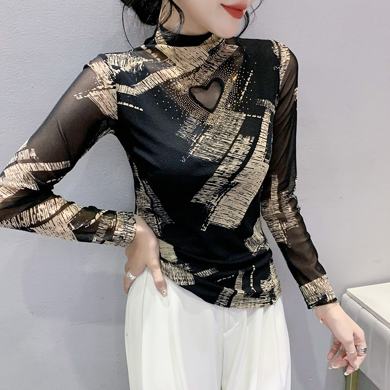 유럽 ??역 가을 겨울 섹시 할로우 메쉬 탑 꽉 끼는 반 거북이 칼라 바닥 셔츠 여성 긴 소매 핫 다이아몬드 탑