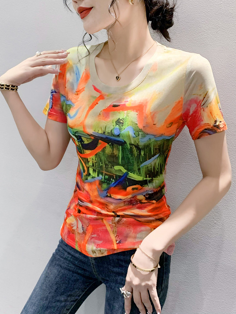 패션 프린트 라운드 넥 티셔츠 여성 반팔 여름 유럽 스트레치 메쉬 탑 슬림 피트 반팔 셔츠 유행