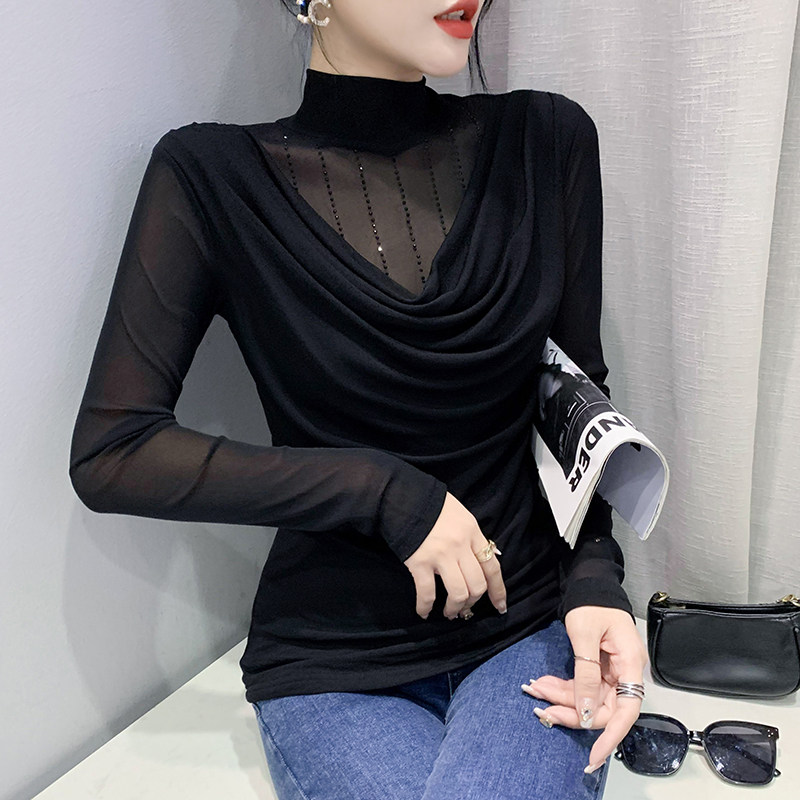 여성용 하프 터틀넥 바닥 셔츠 가을 겨울 유럽 패션 핫 라인스톤 탑 섹시한 메쉬 긴팔 티셔츠