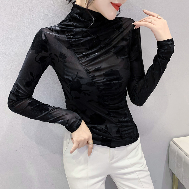 유럽 ??가을 겨울 여성용 터틀넥 밑단 셔츠 타이트한 이너 레이어로 패셔너블하고 시크한 탑과 섹시한 메쉬 긴팔 티셔츠가 트렌디함